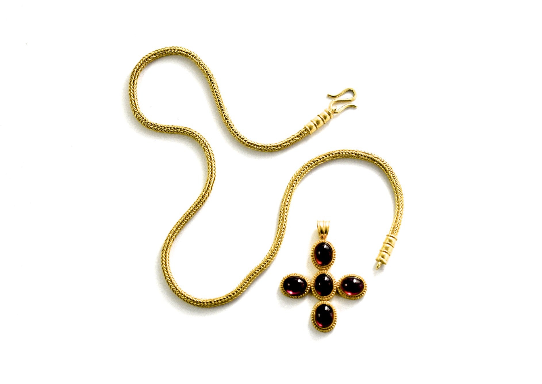 necklace  / gold 22k hand woven chain + Rhodolite cabochons pendant