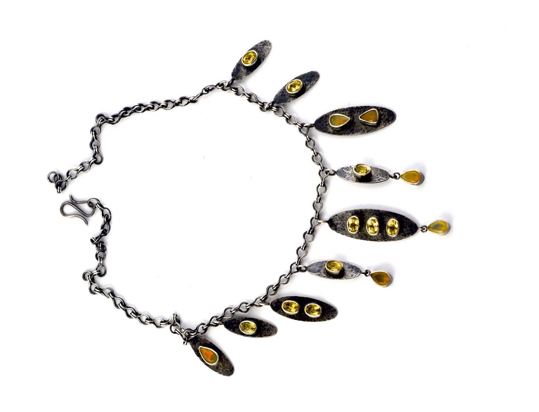 necklace  / silver  oxidized + Opals + Yellow Beryl