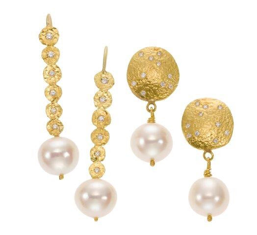 earrings / gold hammered + diamonds + pearl drops
