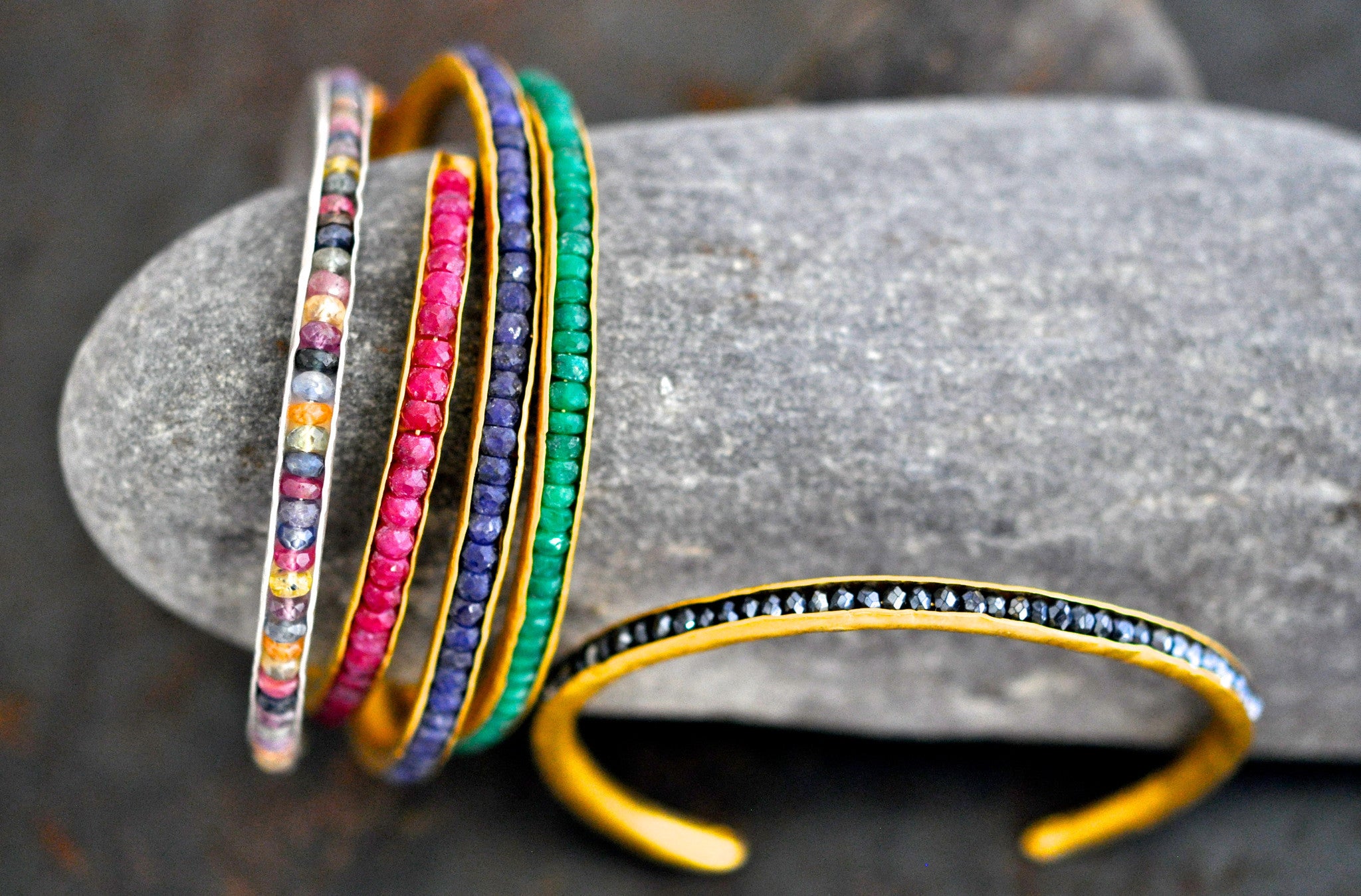 wholesale/bracelet/thin hand forged cuff with hand set tiny gemstones